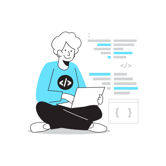 ノートパソコンでコーディングするWeb制作者のイラスト